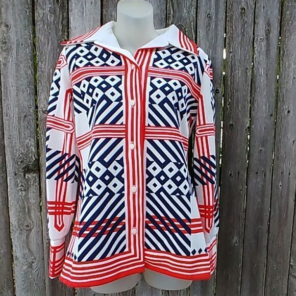 70s Nautical Geometric Stripes Long Sleeve Shirt - Picture 1 of 7